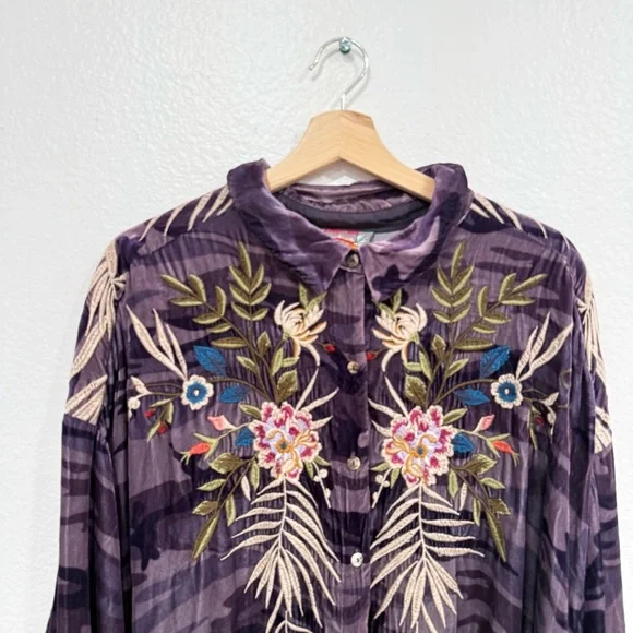 Johnny Was Velvet Purple Camouflage Floral Embroidered Shirt